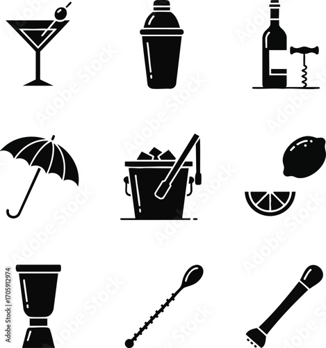 Black glyph icons for cocktail making and bar essentials. Includes martini glass, shaker, ice bucket, lemon, jigger, and bartending tools