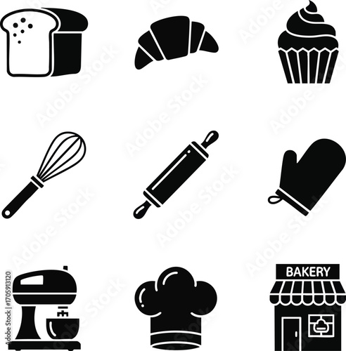 Black silhouette baking and bakery icons. Includes bread, croissant, cupcake, whisk, rolling pin, oven mitt, mixer, chef hat, shop. For design