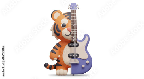 Cartoon Tiger Holding a Colorful Electric Guitar Musical Instrument.