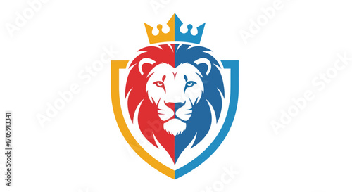 Colorful Lion Head Crest with Crown and Shield Design.