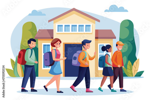 Diverse students carrying bags are walking near the school building in a happy manner