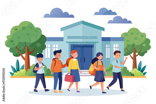 Smiling diverse students joyfully approach their light blue school building on a bright morning