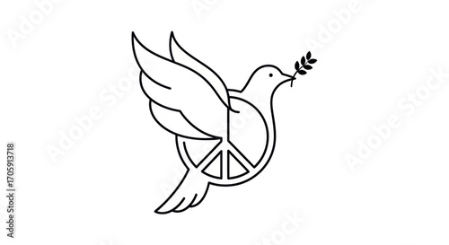 A minimalist line art icon of a flying dove holding an olive branch with its body formed by a peace sign symbol.
