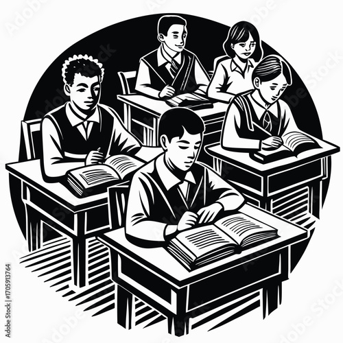 Students of various ethnicities study at desks with books in a monochrome drawing