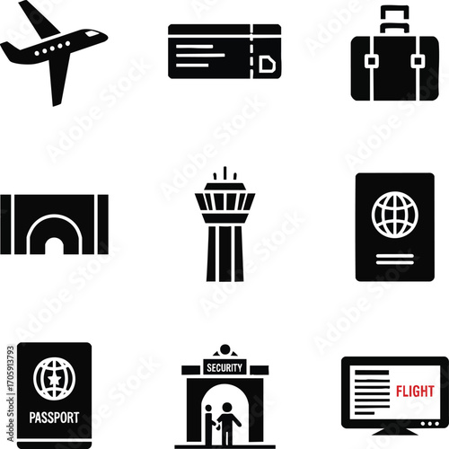 Black silhouette vector icons illustrating key aspects of air travel and airport services