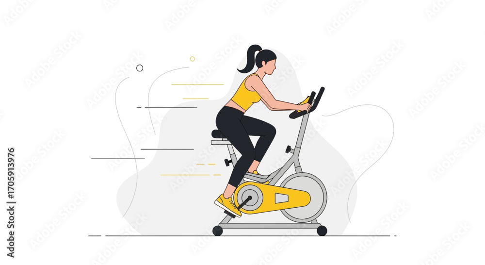 Obraz premium Energetic Woman Cycling in the Gym on a Stationary Exercise Bike, Daily Fitness