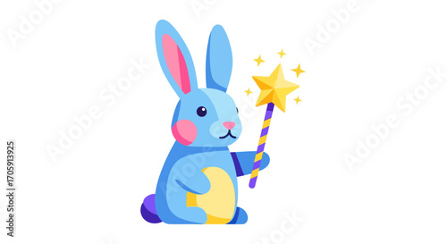 Adorable blue cartoon rabbit holding a sparkling magic wand.
