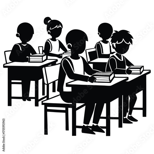 Silhouette students attending class with desks and books are studying with focus now