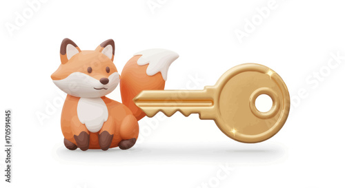 Adorable Cartoon Fox Holding a Golden Key Illustration.