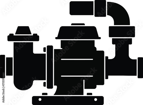 Black vector illustration of a water pump with pipes ideal for industrial and mechanical designs