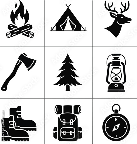 Camping and outdoor adventure vector icon set. Simple black and white icons of camping gear, campfire, tent, hiking boots and wild deer