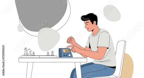 Focused Chess Player Preparing To Start A Match, Using Timer, Intense Concentration, Modern Graphic