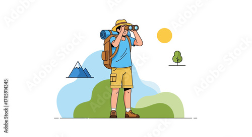 Focused Hiker Exploring A Landscape With Binoculars Seeking Amazing Views of Nature