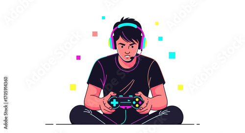 Focused Gamer Immersed In Excitement Playing Video Games Wearing Headphones