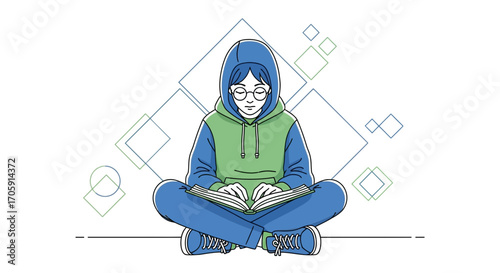 Focused Individual Reading Book While Meditating Peacefully With Calm Geometric Patterns Behind