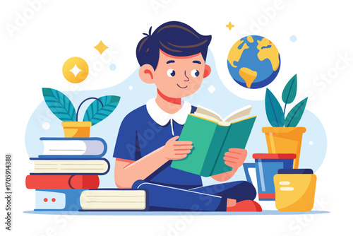 Smiling boy reads a green book surrounded by educational elements and plants