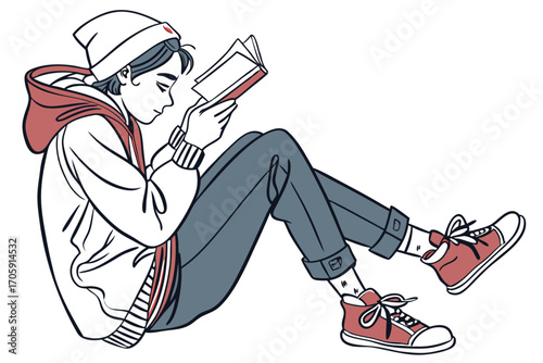Young person in beanie and hoodie sitting while reading the paper novel alone in peace