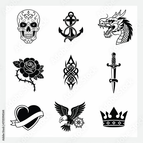 Classic black and white tattoo designs. Includes skull, anchor, dragon, rose, tribal art, dagger, heart, eagle, and crown. Great for graphics