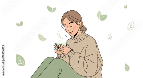 Enjoying A Moment Of Serenity While She Holds A Warm Cup Of Tea And Relaxes