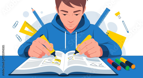 Focused Student Highlighting Important Text in Textbook Studying Preparation for Exam