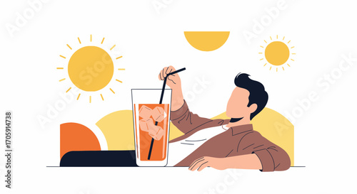 Enjoying Refreshing Drink Under Sunny Sky, Peaceful Summer Day Illustration