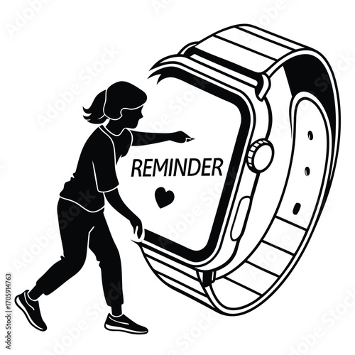 Silhouette woman taps reminder icon on smart watch display with focus and intent