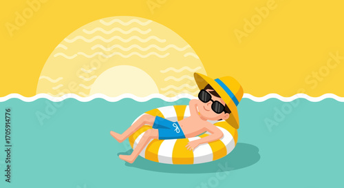 Enjoying Summer Sun: Relaxing On Inflatable Ring, Sun And Waters Illustration