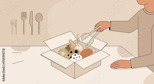 Food Delivery Illustration Depicting Person Taking Out of Box with Eating Utensils