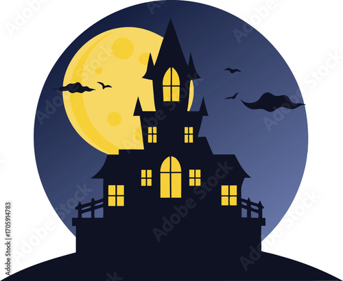 A spooky Halloween night with a haunted house silhouette and bats flying under a full moon
