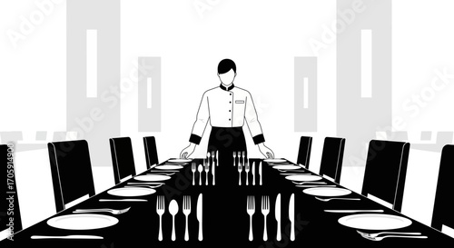 Formal Dining Experience: A Monochrome Illustration of Refined Table Setting and Hospitality