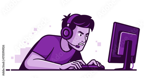 Enraged Gamer Intense Focus Concentrated On Computer, Headphones, and Video Game Battle