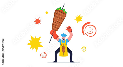 Enthusiastic Chef proudly holds a massive kebab skewer with joy and celebration