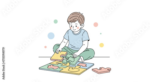 Enthusiastic Child Assembling a Colorful Jigsaw Puzzle, Focusing with Determination