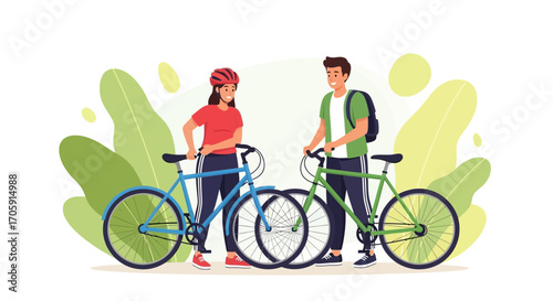 Enthusiastic Duo Ready For Bicycle Excursion Against Abstract Botanical Background Setting