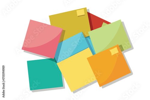 Colorful square sticky notes create an organized yet vibrant pile on the white background