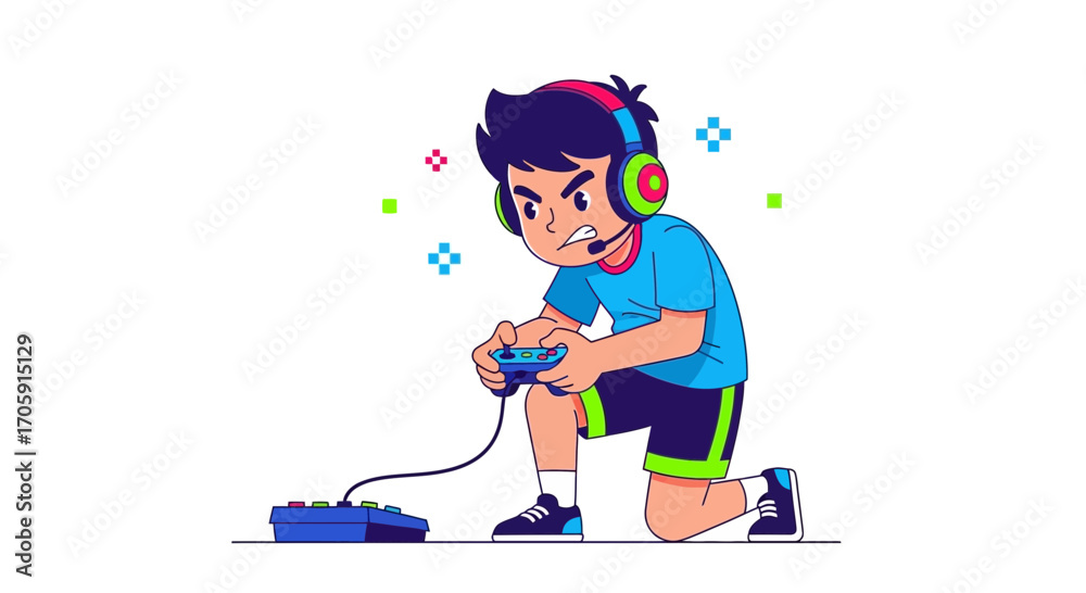Fototapeta premium Enthusiastic Gamer Concentrates On Playing Video Games With A Controller And Headset