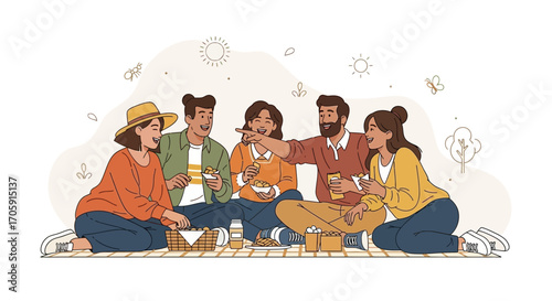Enthusiastic Friends Enjoying Afternoon Picnic Together, Sharing Food and Laughing Merrily