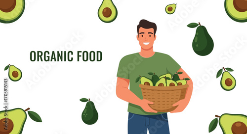 Fresh Harvest Depicts Happy Man Presenting Avocados Illustrating Organic Produce and Healthy Eating