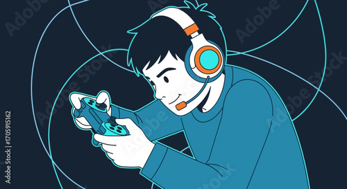 Enthusiastic Gamer Immersed In Digital Entertainment Through Wireless Headset And Controller
