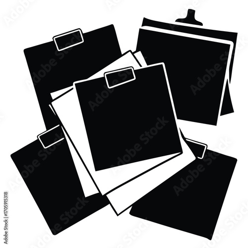 Stacked black clipboards hold white documents in an organized pile over transparent background