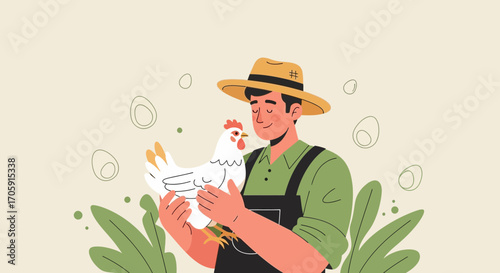 Friendly Farmer Holding A Chicken And Shows Love And Care On Farm With Eggs Illustration