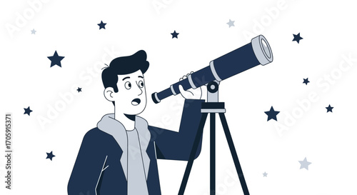 Enthusiastic Observer Gazing Through Telescope At Celestial Bodies in Deep Space