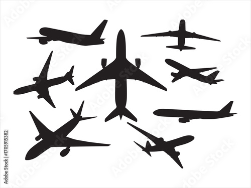 a collection of black airplane silhouettes on a white background. The aircraft are depicted from various angles and in different sizes, showcasing a range of jet designs. Some are shown from above,