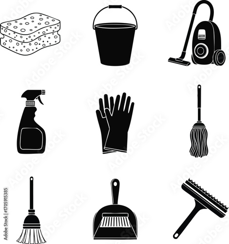 Collection of cleaning tools on a white background. Includes mop, spray bottle, bucket and more