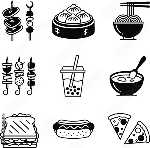 Collection of diverse food icons: Asian cuisine, snacks, and Western fast food. Perfect for menus, apps, or websites needing simple, stylish visuals