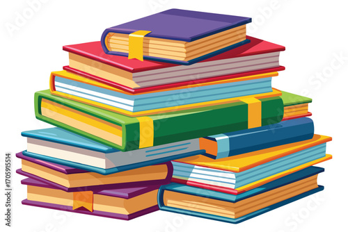 Colorful stacked books with yellow bookmarks create a vibrant, educational against a transparent backdrop
