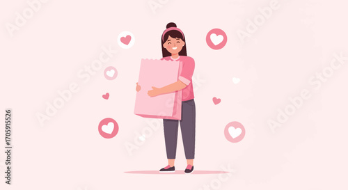 Enthusiastic Young Woman Embracing a Pink Gift and Expressing Happiness Joy
