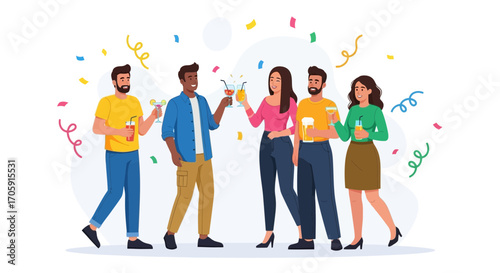 Friends Celebrating Together With Drinks And Confetti, Joyful Illustration With Various Drinks
