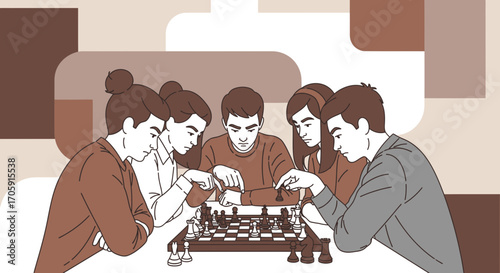 Friends Engaging In a Strategic Chess Game, Focused and Contemplative Illustration