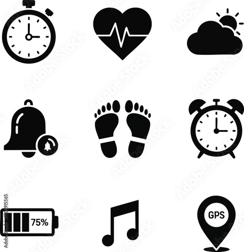 Collection of fitness tracker icons. Icons showing stopwatch, heart health, weather, notifications, battery life, GPS, music